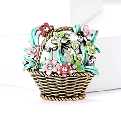 Rhinestone Flower Basket Brooches for Women Unisex Enamel Plant Pins Banquet Party Backpack Gifts Jewelry Accessories