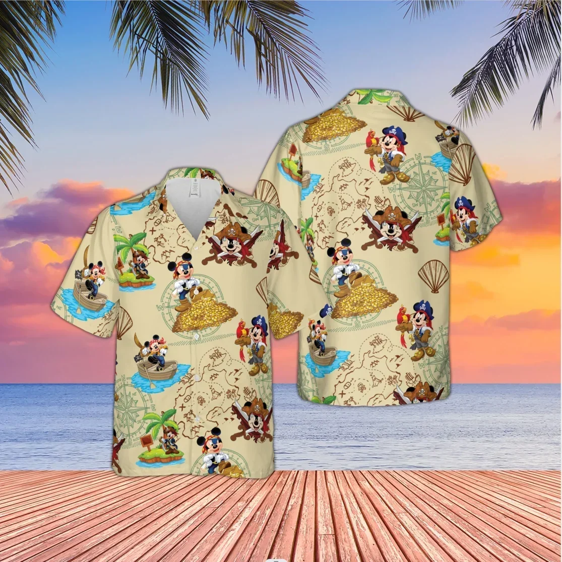 Disney Pirates Mickey Mouse Treasure Map Hawaiian Shirt Men's Women's Shirt DisneyButton Down Hawaiian Shirts Casual Beach Shirt