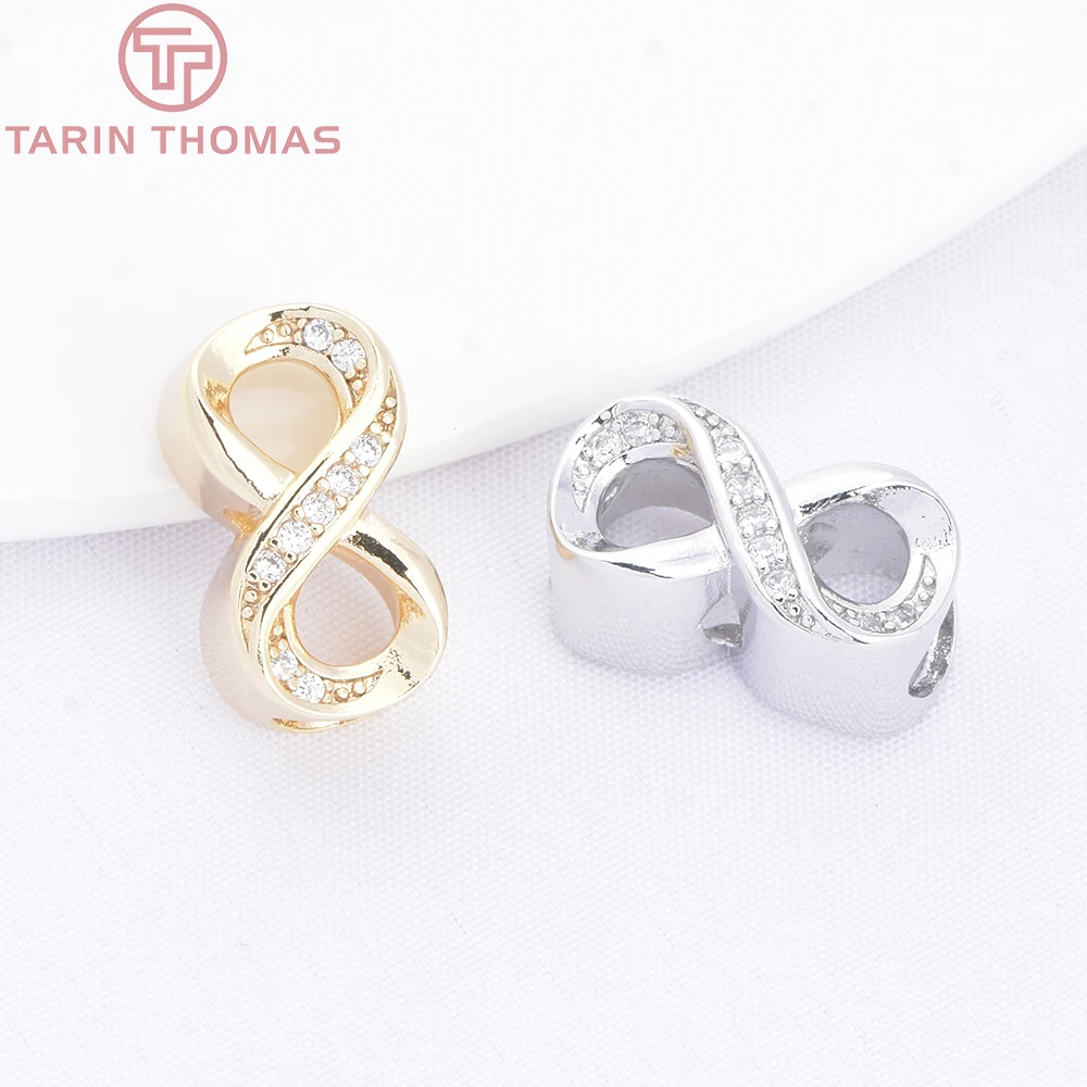 (10439) 4 Buah 8X15MM Kuningan Warna Emas 24K dengan Zirkon Bentuk 8 Manik-manik Bentuk 8 Gelang Manik-manik Aksesori Perhiasan Diy Kualitas Tinggi