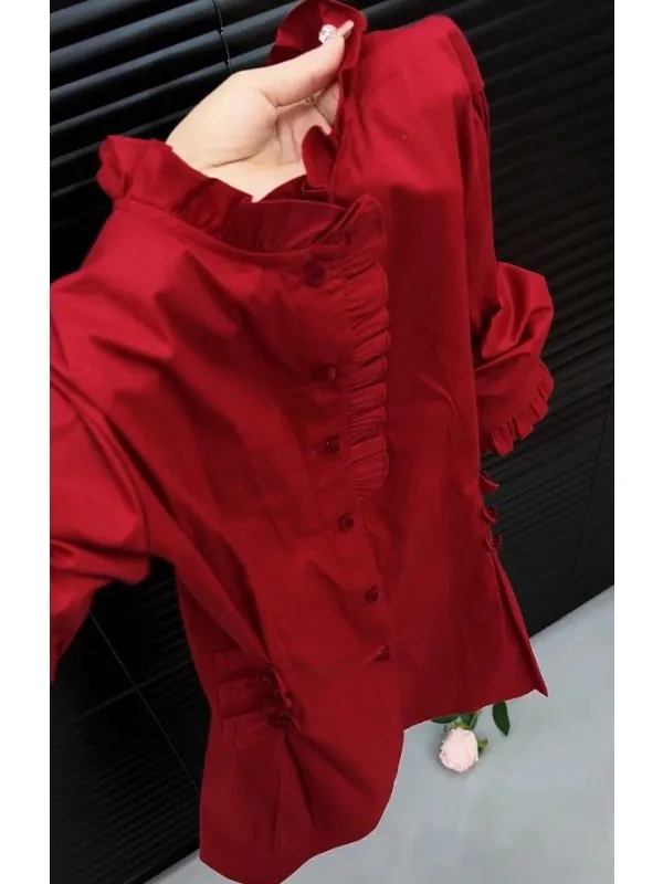 Elegant Red plus Size Long Sleeve Shirt Women's Fashionable Versatile Spring New Design Slimming Korean Style Commute Wind