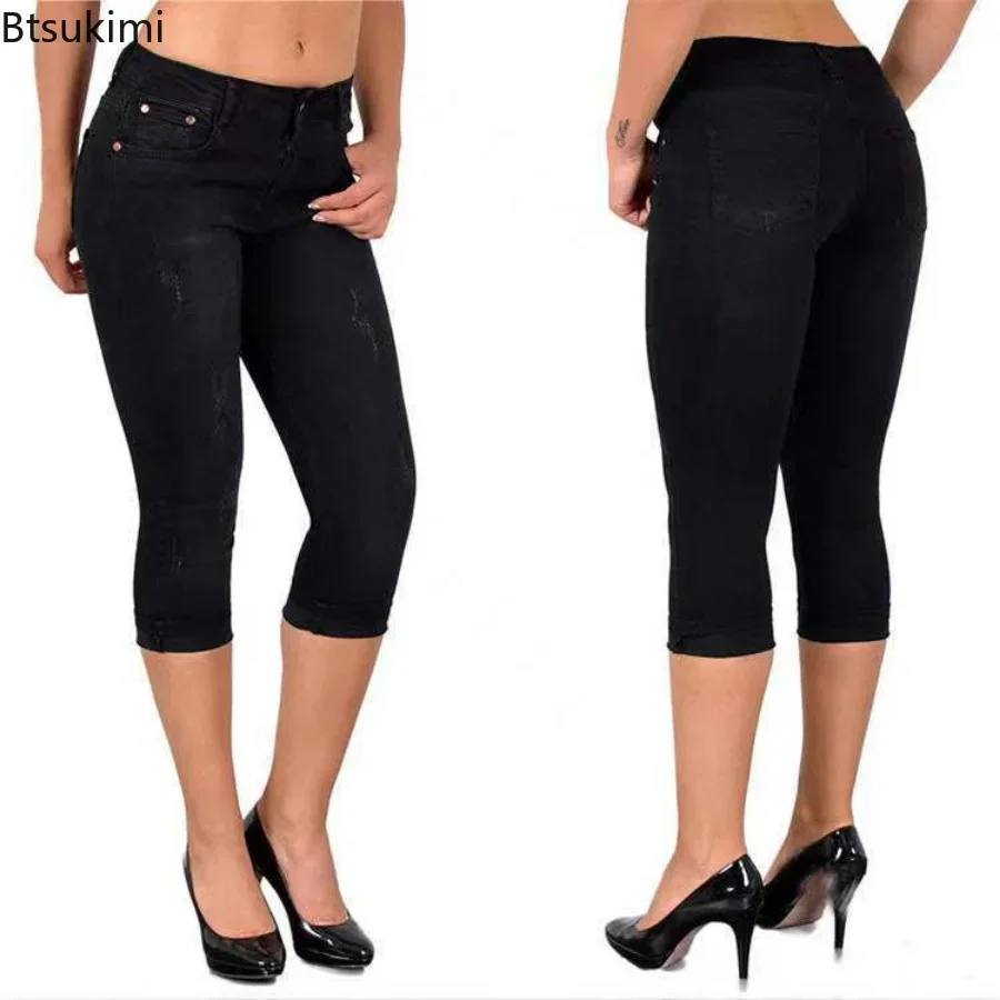 2024 Women's Summer Skinny Denim Pants Jeans Mid Waist Stretch Capri Pants Knee Length Trousers Black Blue Ladies Pencil Pants