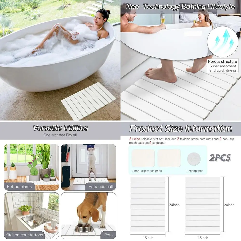 

2-Piece White Diatomaceous Earth Bath Mats - Foldable, Super Absorbent, Non-Slip Shower Rugs for Tub and Shower