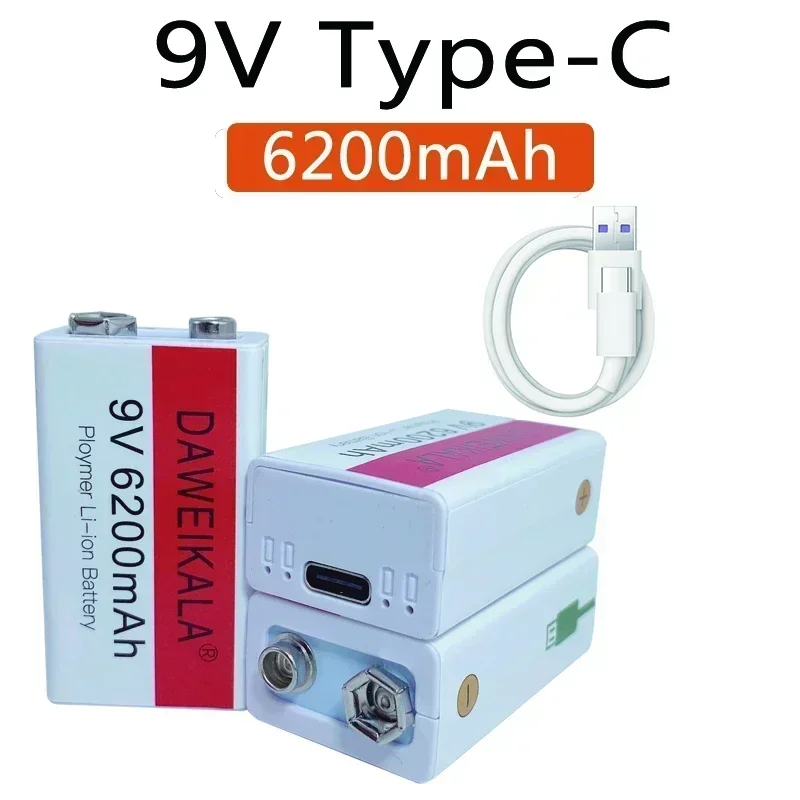 6200mAh 9V Li-Ion Rechargeable Battery Type-C Fast Charging High Capacity for Multimeter Microphone Toy Remote Control