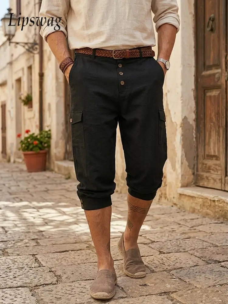 

Vintage Button-up Knee-length Shorts Mens Summer Vacation Casual Solid Color Straight Shorts Daily Leisure Breathable Men Shorts