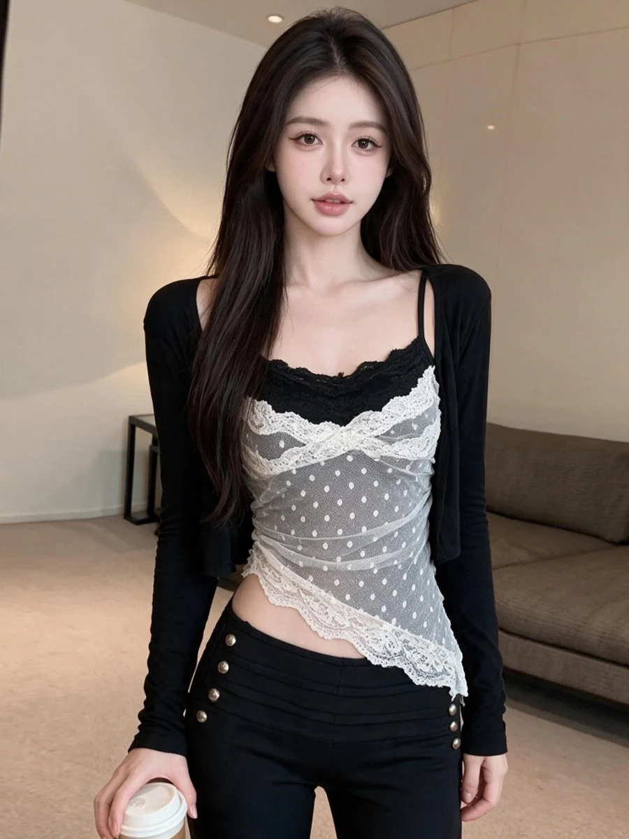 Korean Style Pure Desire Sexy Lace Splice Strap Vest Polka Dot Net Design Slim Fit Short Inner Wear Top for Women