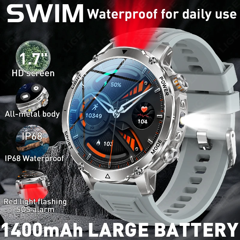 Outdoors Smart Watch Men Flashlight IP68 Waterproof Heart Ra
