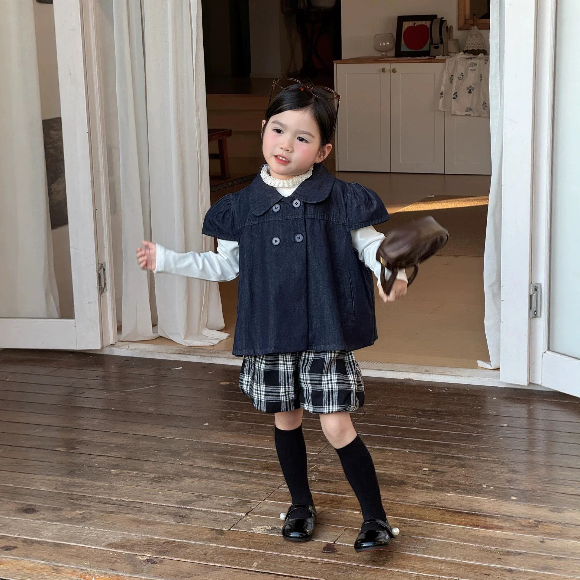 2026 Girls' Autumn Sweet Double Breasted Loose Dark Denim Top Bubble Short Sleeve Peter Pan Collar Coat