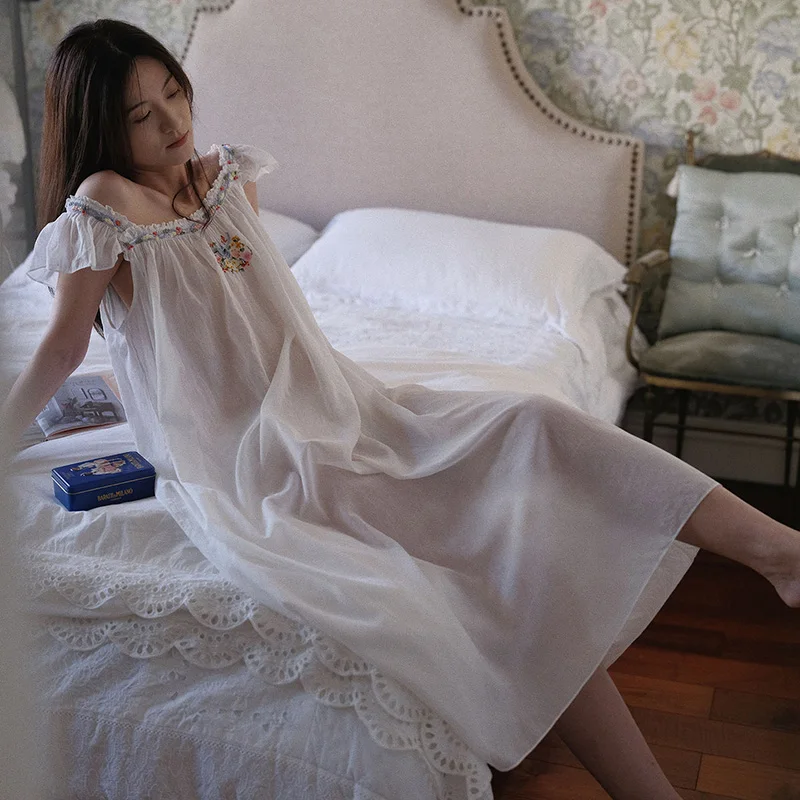 Original Design Transparent Beautiful French Hand Embroidered Sweet Nightgown 100% Cotton Outside Summer Sleepwear view 6