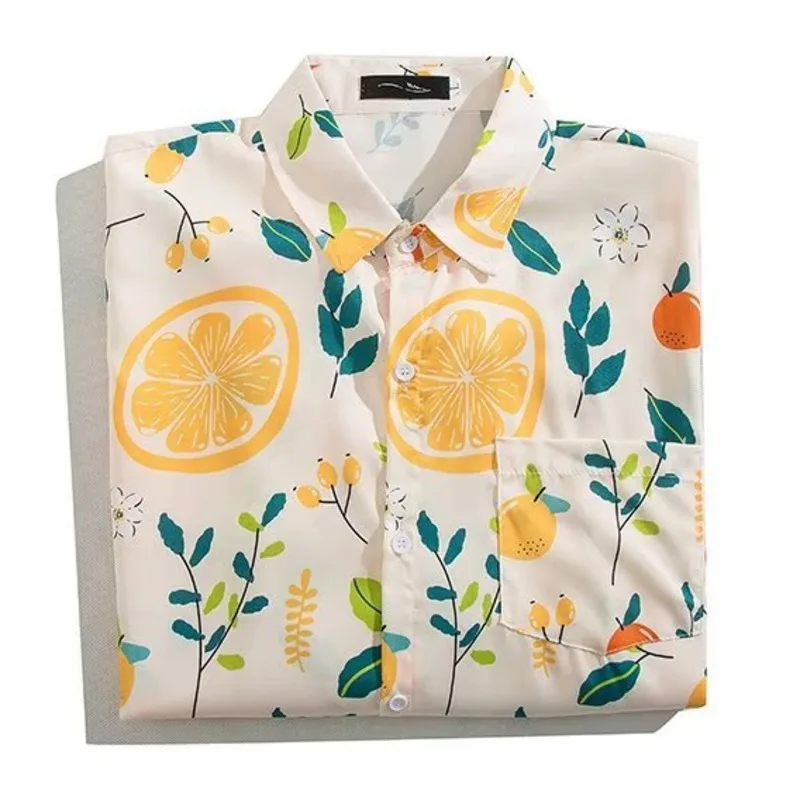 Yellow Lemon Shirt Men Green Leaf Print Casual Shirts Spring Summer Blouses Long Sleeve Novelty Oversized Tops Holiday Clothes