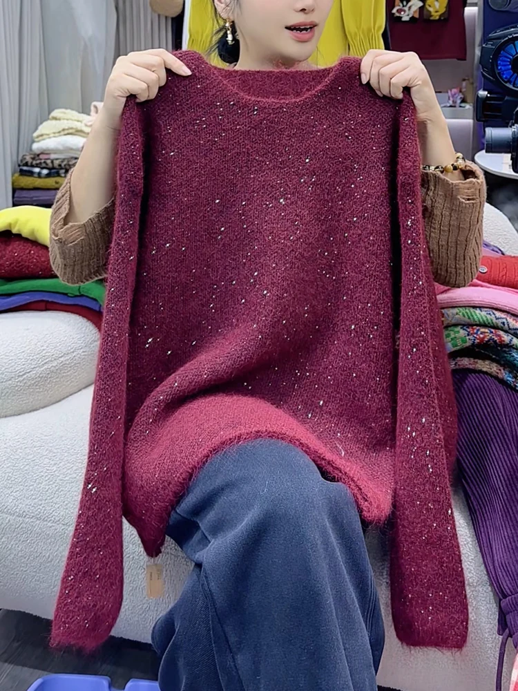 

Модный вязаный свитер свободного кроя, повседневный, новогодний, блестящий, в корейском стиле, для работы, стандартной длины, с круглым вырезом, без рукавов