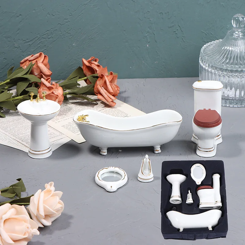 

1:12 Model Miniature Furniture Ceramic Bathroom Toilet Sink Mirror Closestool Bathtub Set Micro Dollhouse Furniture Decor Toys