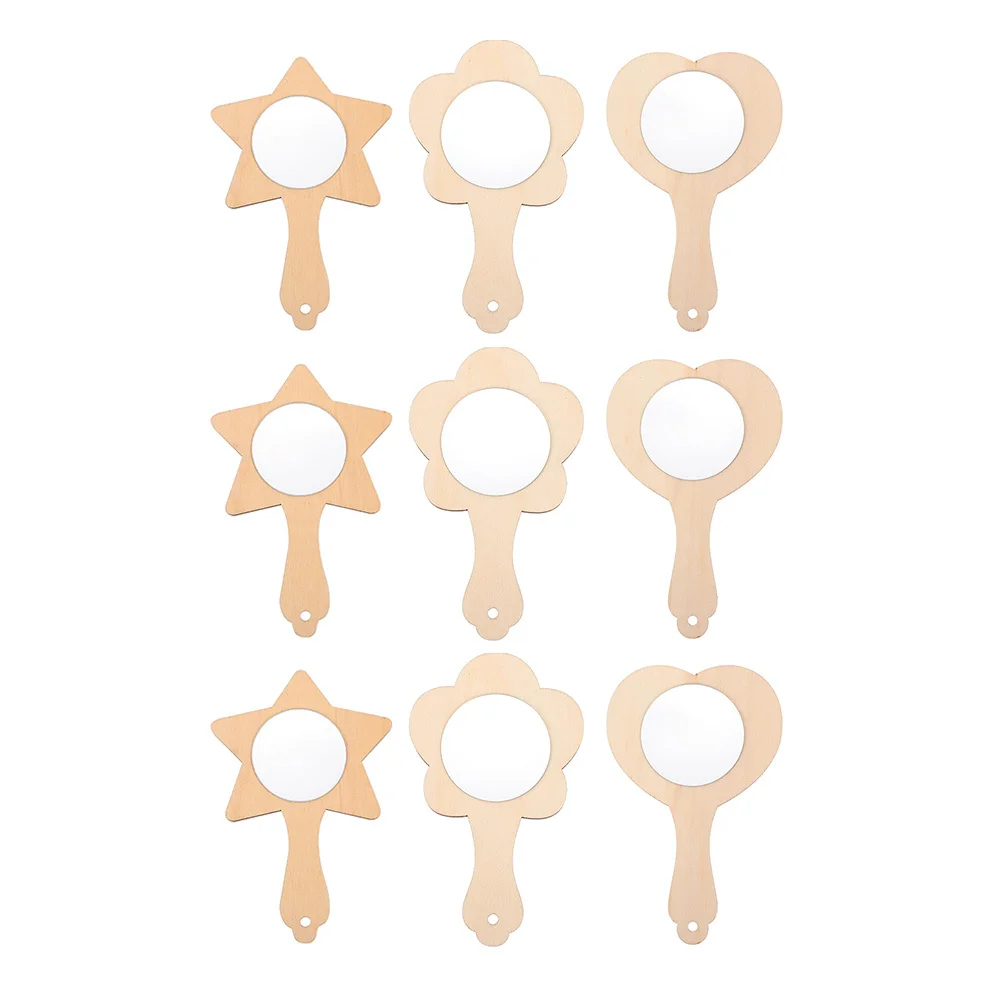 9개 DIY 나무 거울 어린이 페인팅 공예 미완성 휴대용 거울 메이크업 교육용 장난감 빈 DIY 나무 몰드