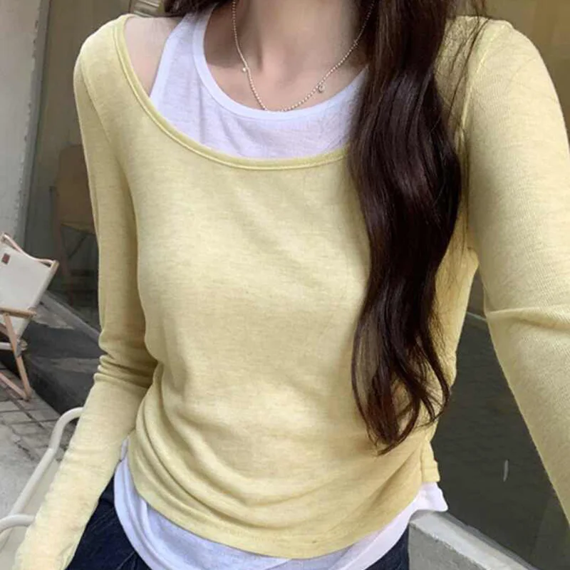 Spring New Fake Two Pieces Contrast Color T-shirts Women Off Shoulder Long Sleeve Base Tops Female Pleated Slim Tees