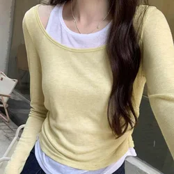 Spring New Fake Two Pieces Contrast Color T-shirts Women Off Shoulder Long Sleeve Base Tops Female Pleated Slim Tees