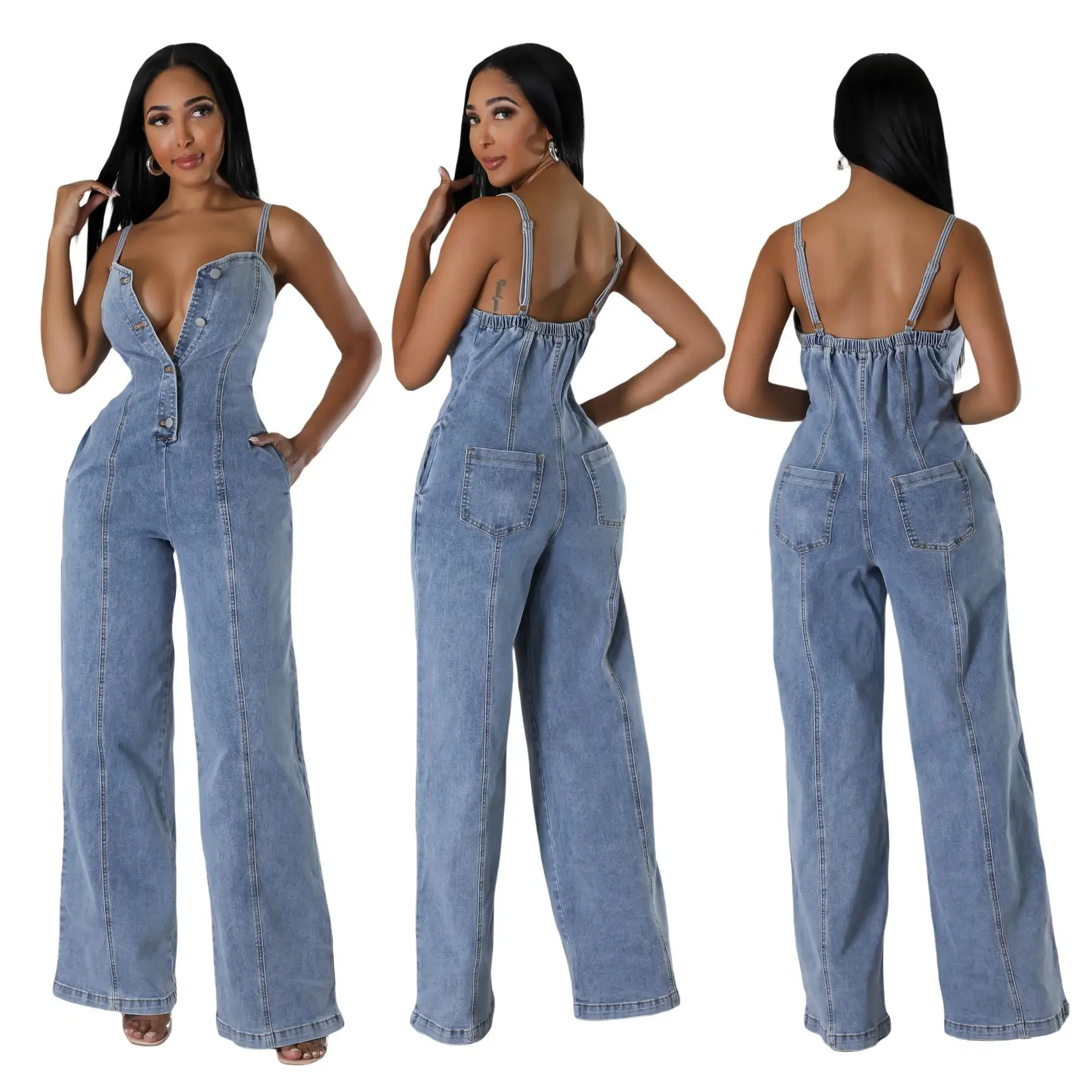 

Women's Denim Jumpsuit with Susp Wide Leg Pants mid Waist Long Trousers 00% Fabric Other Season 202 Autumn