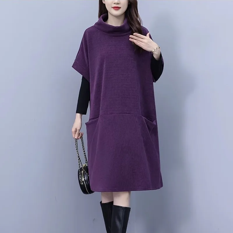 #7969 Autumn Winter Purple Turtleneck A-line Dress Raglan Sleeve Split Joint Pockets Elegant Pockets Korean Fashion Loose