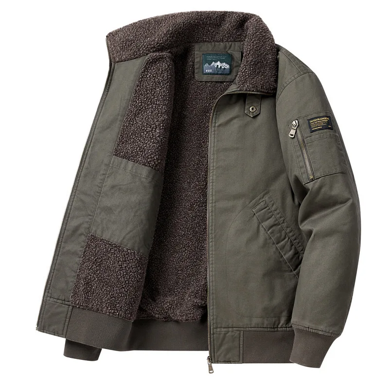 

New WinterFull-Cotton Men's Lamb Fleece Plus-Size Casual Jacket with Fleece-Lined Collar - Pilot Style Utility Cotton Coat