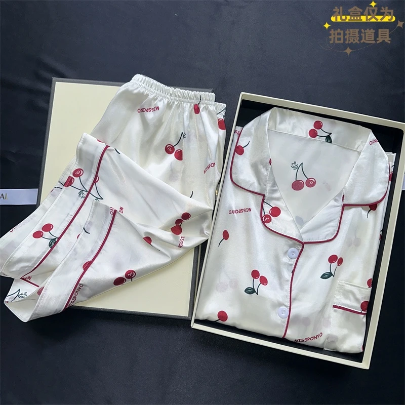 Cherries Print Two Pieces Pyjama Set Summer Faux Stain Pajamas Fashion Home Clothes Ladies Casual Shorts and Top Set Pijamas