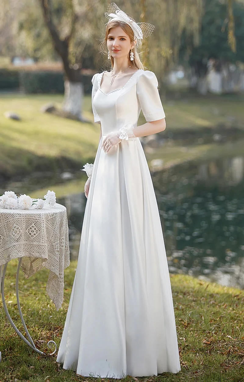 

Simple Elegant V Neck Half Sleeves Soft Satin Floor Length Beading A-Line Backless Corset Wedding Dress Gown Bridal Dress