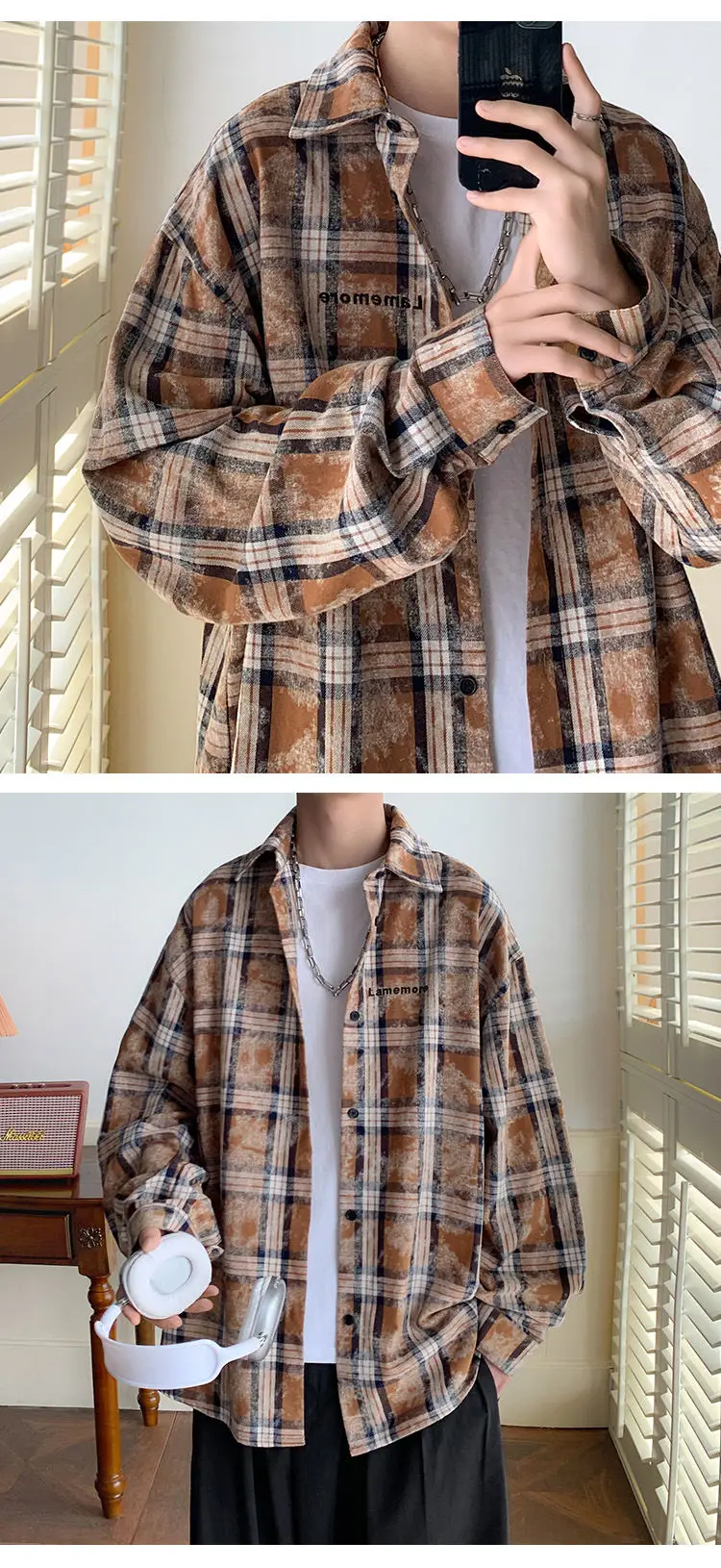 2025 Spring and Autumn New Fashion Trend Tie-Dye Plaid Shirt Embroidered Loose Casual Long Sleeve Turn-Down Collar Shirt for Men