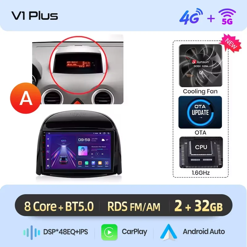 Junsun draadloze CarPlay Android Auto autoradio voor Renault Koleos Mk1 (HY) 2008-2016 met ingebouwde koelventilator, Android GPS navigatie, multimediaspeler, WiFi, DSP, RDS, BT, SWC, IPS touchscreen,