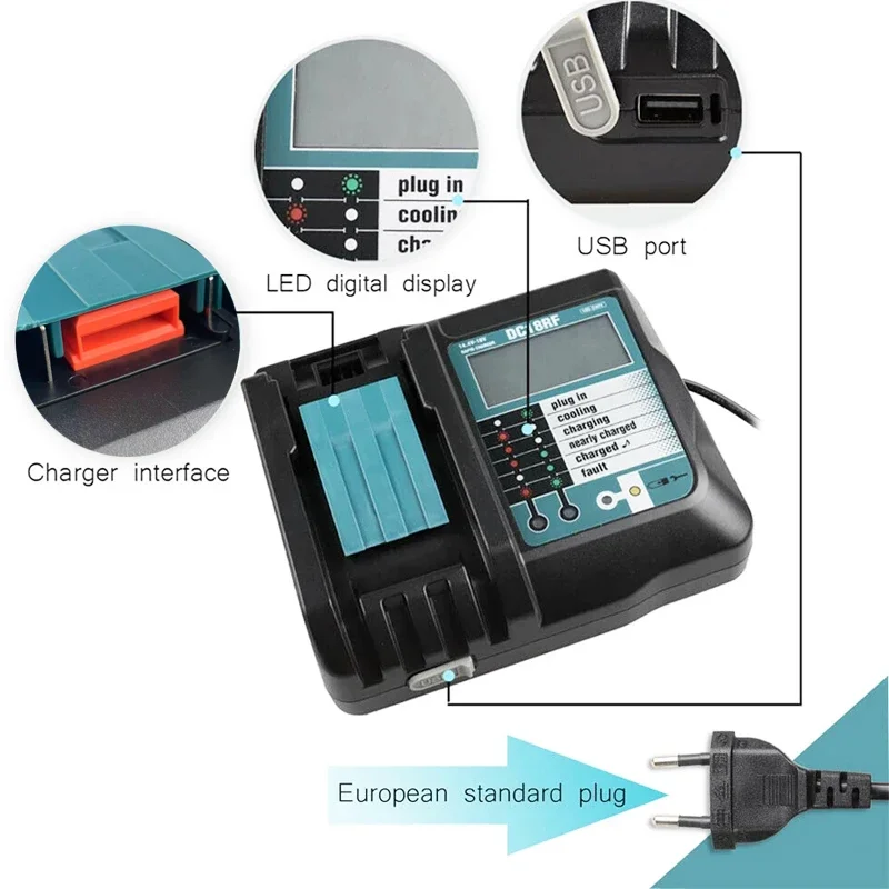 Imagem -05 - Carregador de Energia Usb para Makita 18v 14.4v Bl1830 Bl1430 Bl1860 Bl1890 Prot 18vrf Ventilador