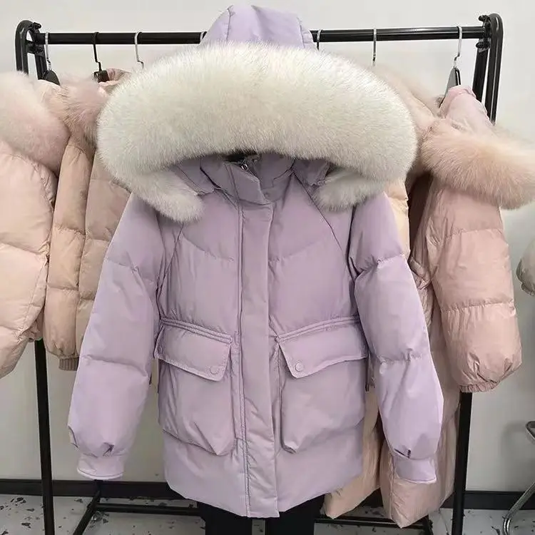 Zimowa nowa damska kurtka puchowa, luźna parka z kapturem