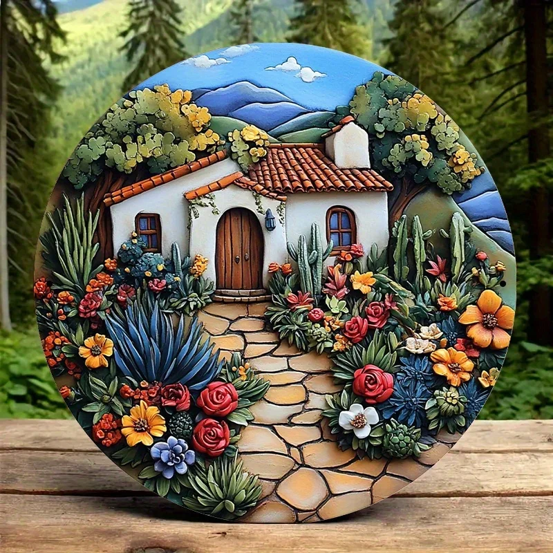 1pc 2D Flat Round Metal Tin Sign 20x20 Inch Imitation Embossed Cottage Floral Scenery Plaque Garden Home Decor