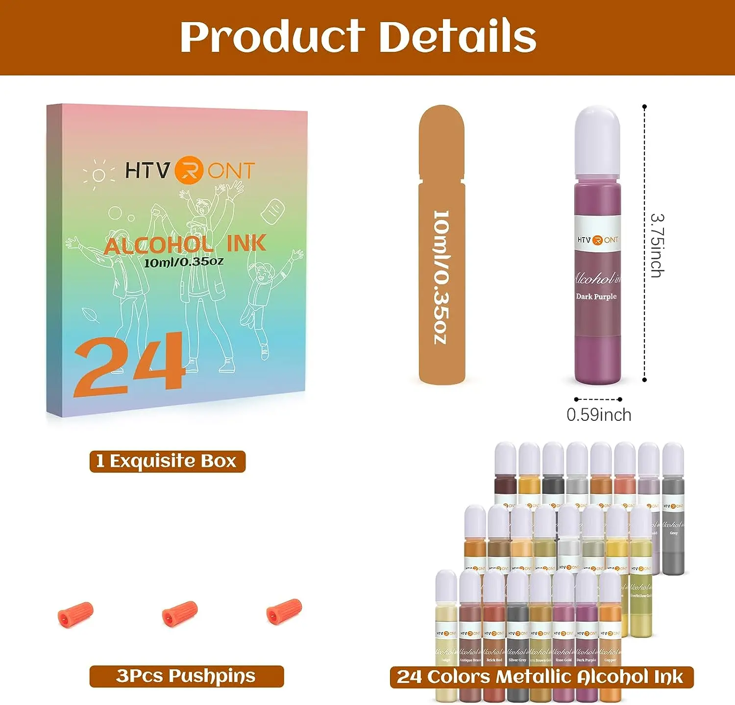 HTVRONT 24 Colors 10ML Metallic Alcohol Ink Set Resin Pigment Kit Liquid Resin Colorant Dye Ink Diffusion UV Epoxy Resin Making