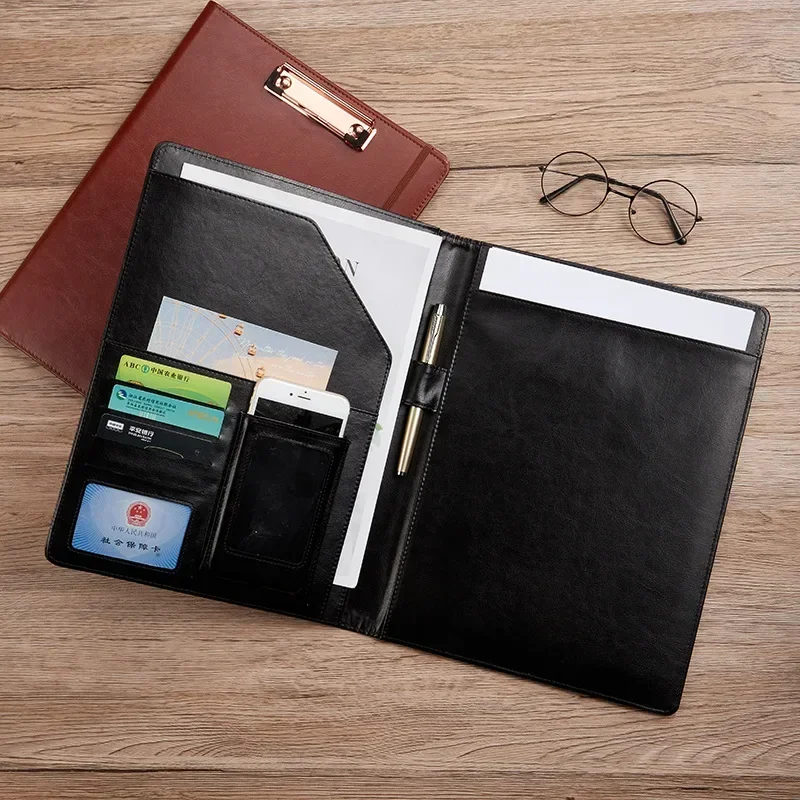 Portfolio File Padfolio Pocket Clip Slash Conference Meeting Metal Study Document Office Folder Cover Strap Leather