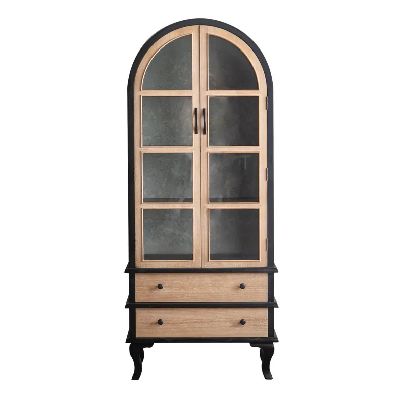 

French solid wood black dining room cupboard, household kitchen storage cabinet, arched wrought iron living room decoration