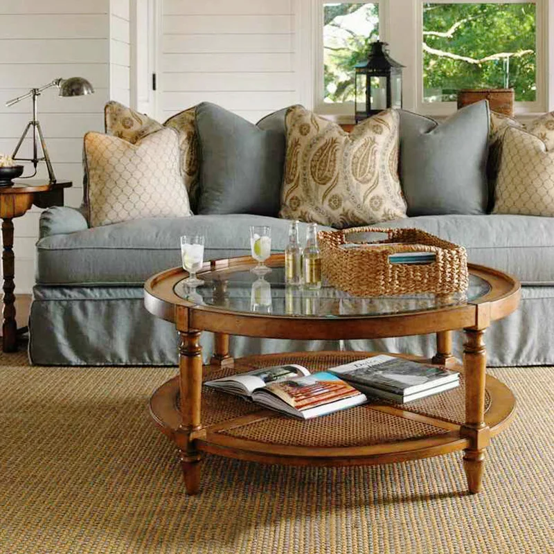

Solid wood round glass round table rattan art double-layer storage coffee table