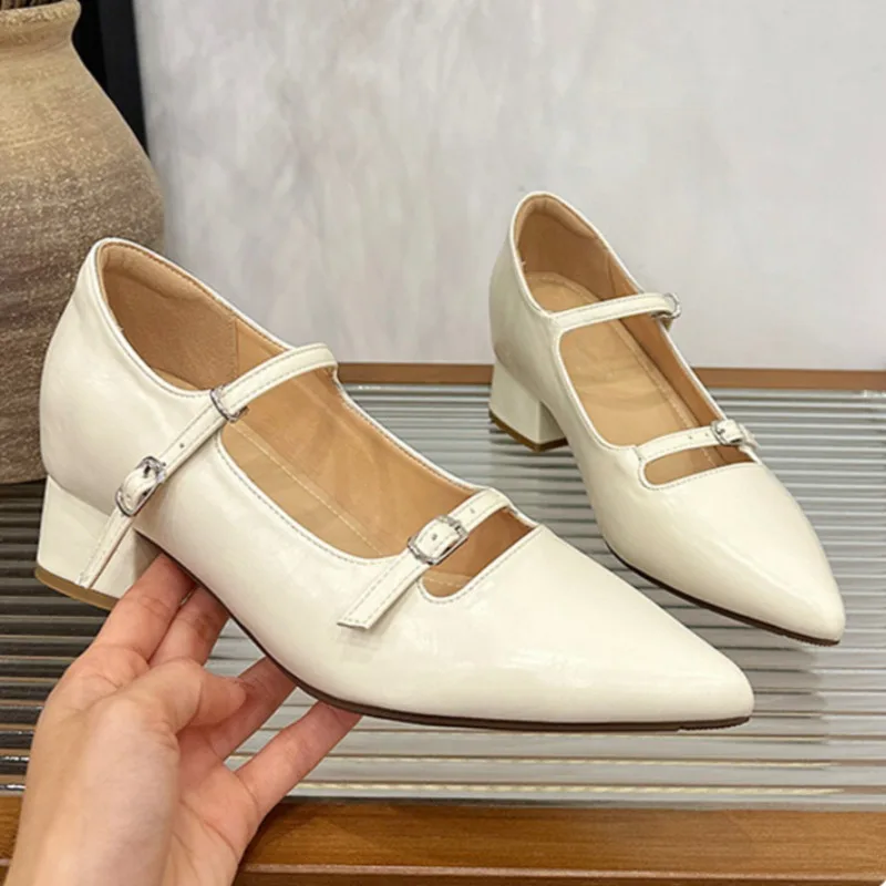 

Thick Heel Shoes Summer New Pointed Head Shallow Mouth Metal Buckle Soft Sole Anti-slip Wear-resistant Heel Shoes