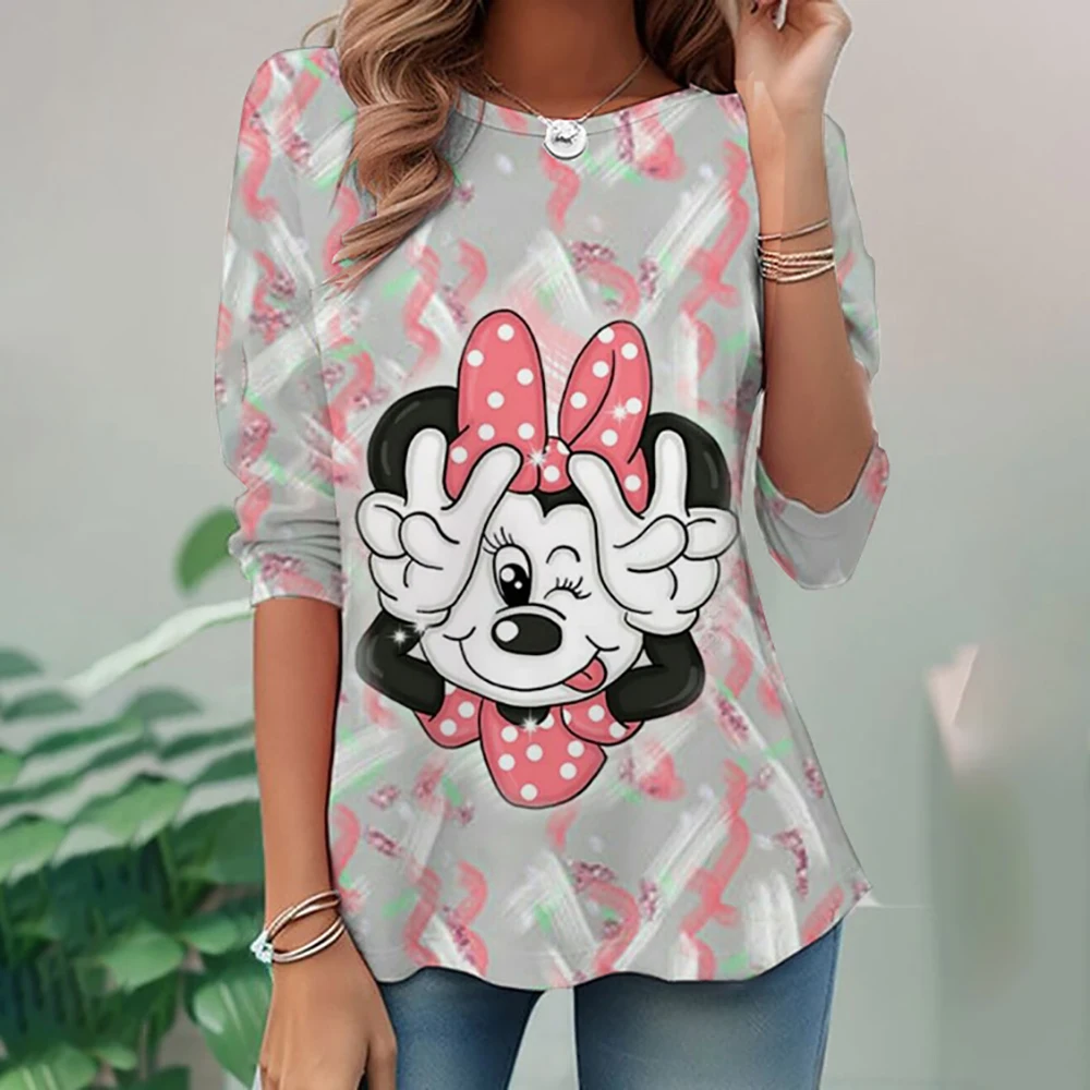 Disney Mickey Mouse Printed Autumn Women's Long Sleeve T-shirt, Oversized Round Neck T-shirt, Pullovers Top Pattern T-shirt, Cas