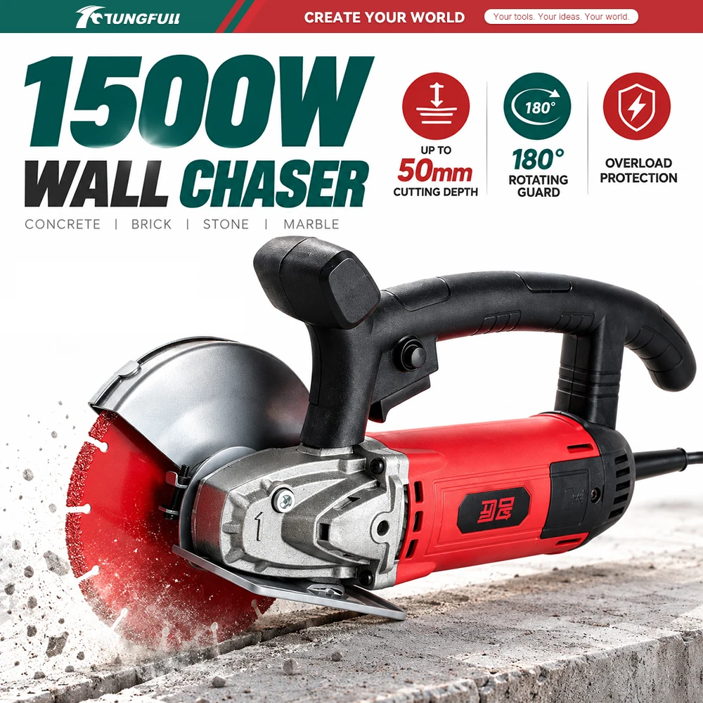 TUNGFULL Wall Grooving Machine 1500W High Power Wall Chaser Max 50mm Cutting Depth for Concrete Brick Wiring Installation