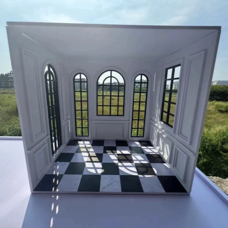 

1:6 1:12 French Fashion Doll Room Box, Interlock Diorama with Arched Windows & Black White Marble Floor for BJD