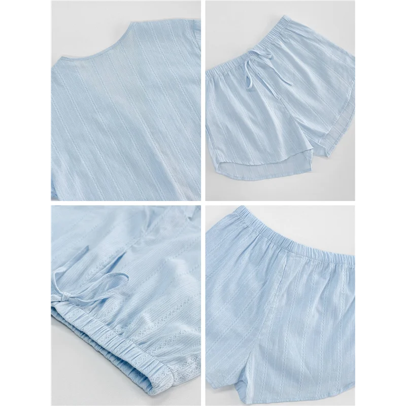 

Женская летняя пижама с v-образным вырезом, комплект из 2 предметов, рубашка с длинными рукавами, одинаковые свободные комплекты мини-шорт с высокой талией, синие M-A55G