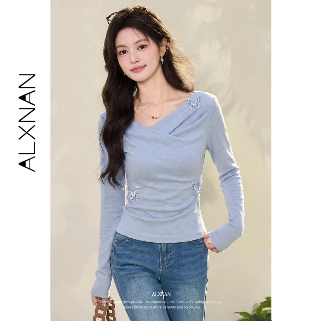 

Синяя вязаная футболка ALXNAN, весенний укороченный топ с длинными рукавами, V-образным вырезом и дизайном в виде бабочки, элегантные повседневные женские футболки L618108A