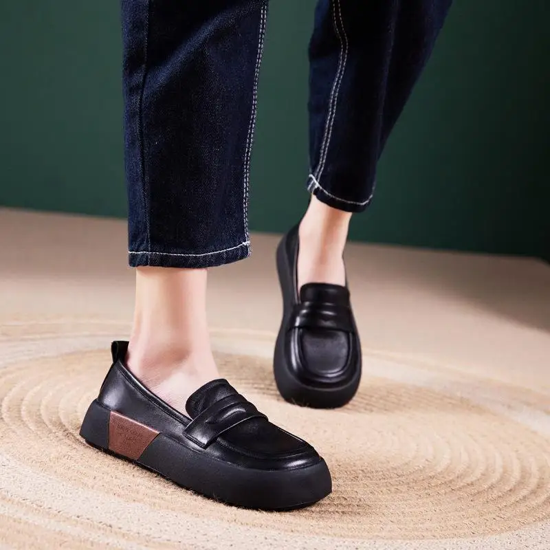 

Genuine Top Layer Cowhide Flats Women's Shoes British Style One-Touch Lazy Women's Shoes Casual round Toe Flat Heel Rubber Sole