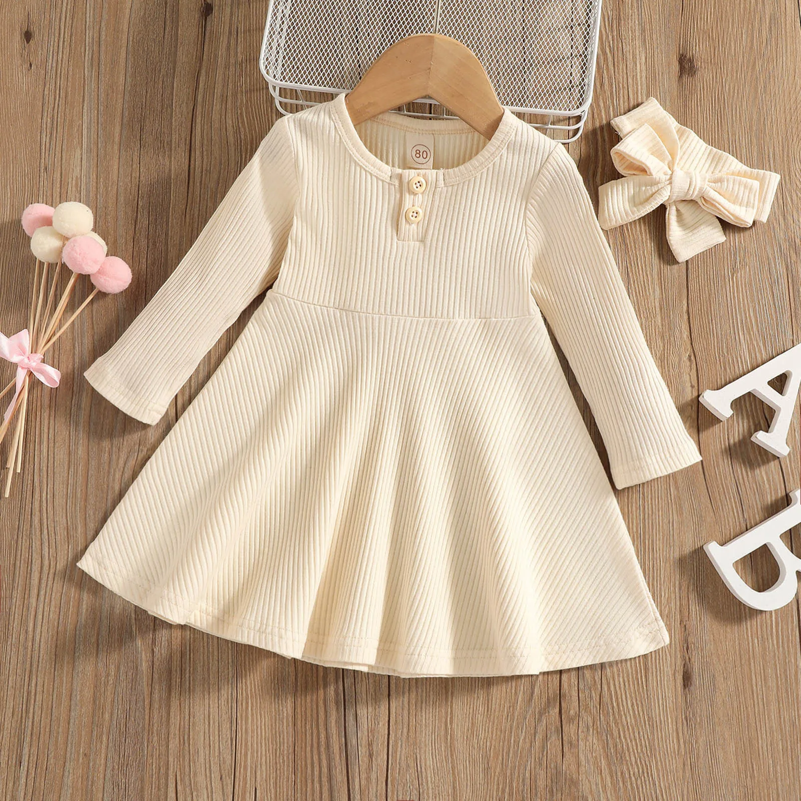 1 2 3 4 5 Years Toddler Infant Baby Girls Dress Spring Autumn Casual Solid Ribbed Long Sleeve Princess Dress With Headbands