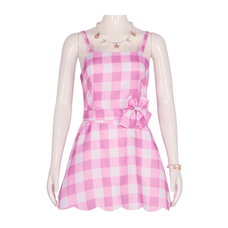 New Movie Barbie Cosplay Costume Pink plaid Slip Sleeveless Dress For Women Square Neck Sexy Short Dress Halloween Party Clothes