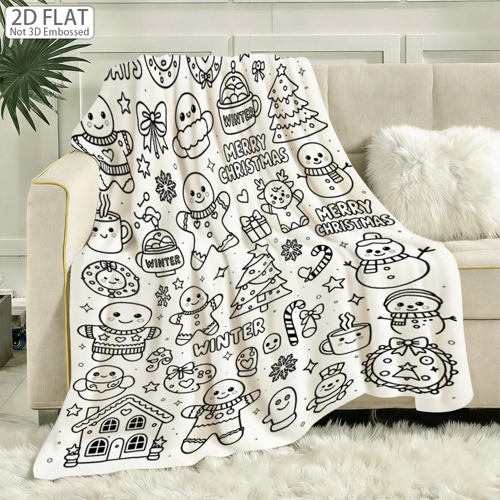 1pc 2D Flat Christmas DIY Coloring Blanket, Cute Cartoon Line Art with Gift Boxes, Xmas Tree, Gingerbread Man, Sleigh,Snowflakes
