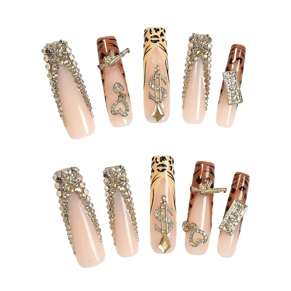 

Гламурный леопардовый принт и накладные ногти со знаком доллара со стразами — роскошные длинные накладные ногти в виде гроба (Cd006)