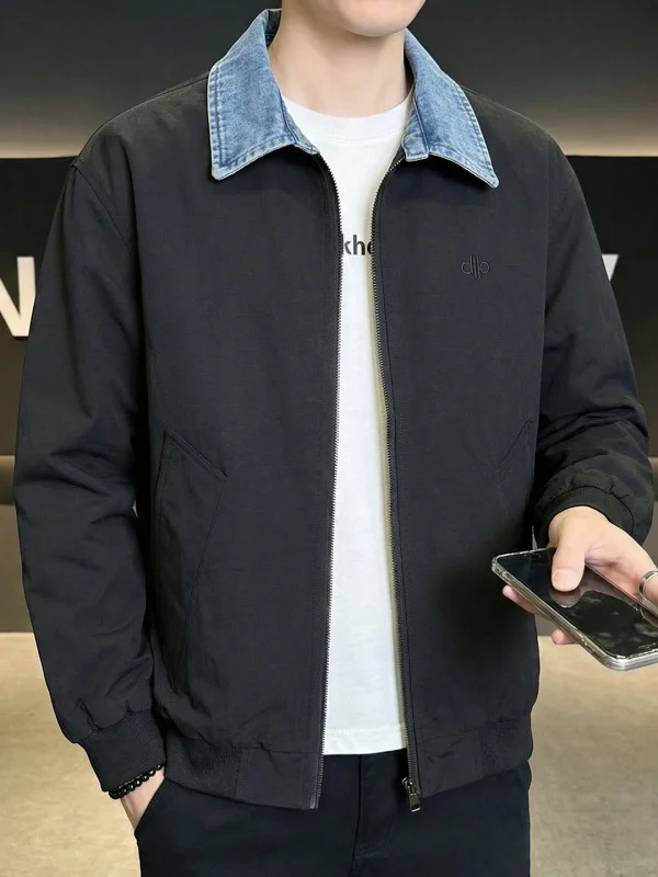 

Весенняя молодежная повседневная джинсовая куртка на молнии с длинными рукавами для мужчин, модная, с отложным воротником, приталенная, для повседневной носки, полиэстер