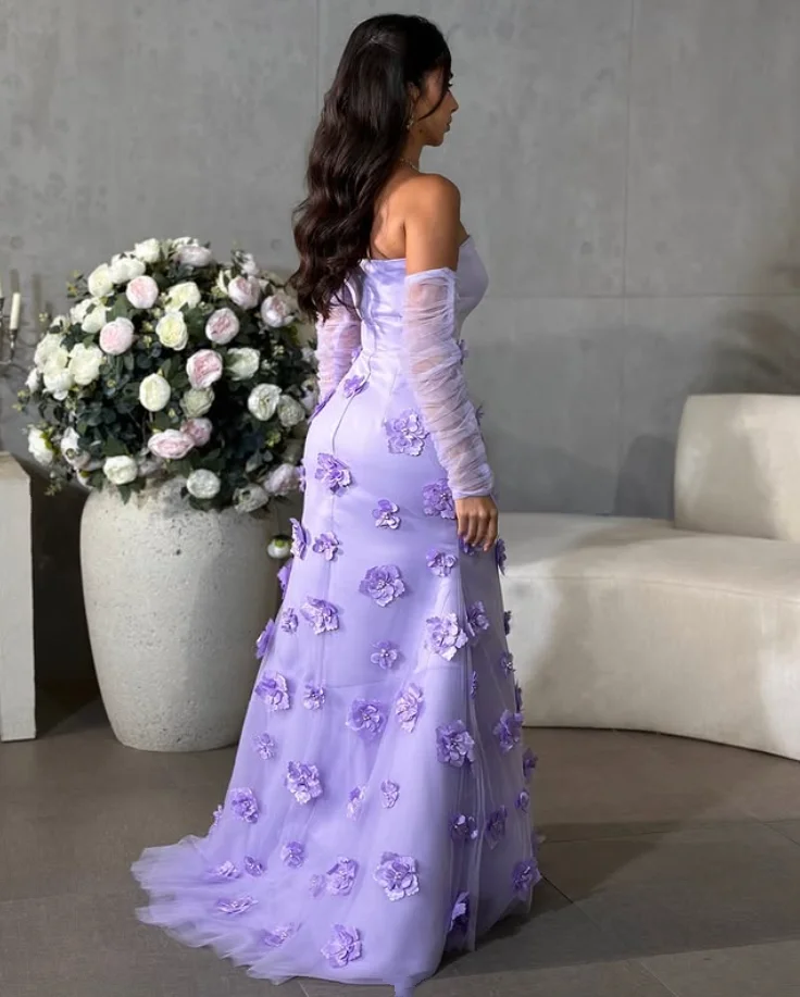 Vestidos de Noche de princesa lila lavanda, guantes, Jersey personalizado Floral 3D, traje de fiesta sin tirantes de Arabia Saudita