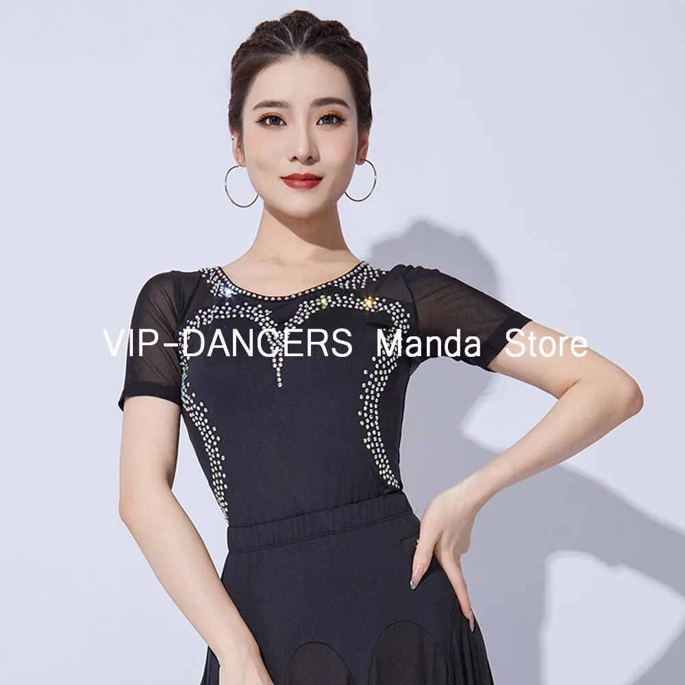 

Women Latin Dance Tops Mesh Round Neck Short Sleeve Tops Samba Modern Dance Stage Wear Standard Ballroom Practice Clothes VDL651