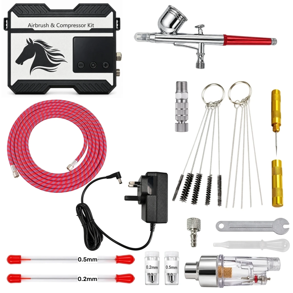 Digital Display Airbrush Compressor Kit, Dual Action Gravity Feed Airbrush with 0.2mm 0.5mm Nozzle, for Model Painting