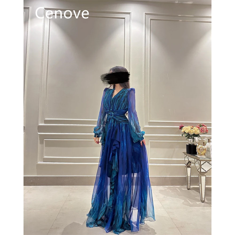 Cenove Blue A-Line  V-Neckline Prom Dress Lace Long Sleeves Evening Summer Elegant Party Dress For Women