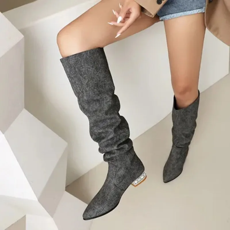 Denim Slouchy Knee-high Boots Women Light Blue Shiny Rhinestone Boots Black Low-heeled Woman Elegant Shoes 48