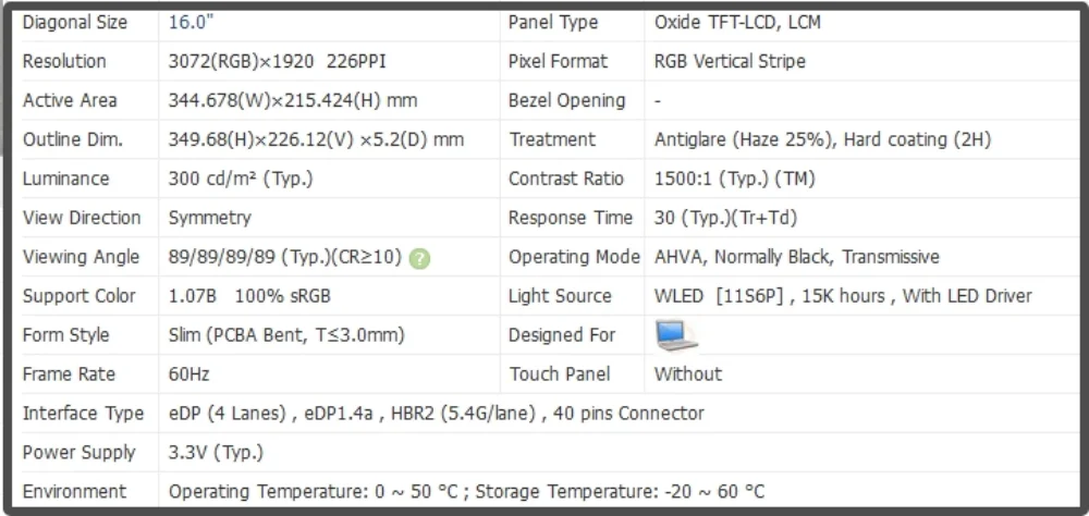 16 inch NE160F8M-N41 NE160F8M N41 LCD Screen IPS Display Panel QHD 3072x1920 Without-touch